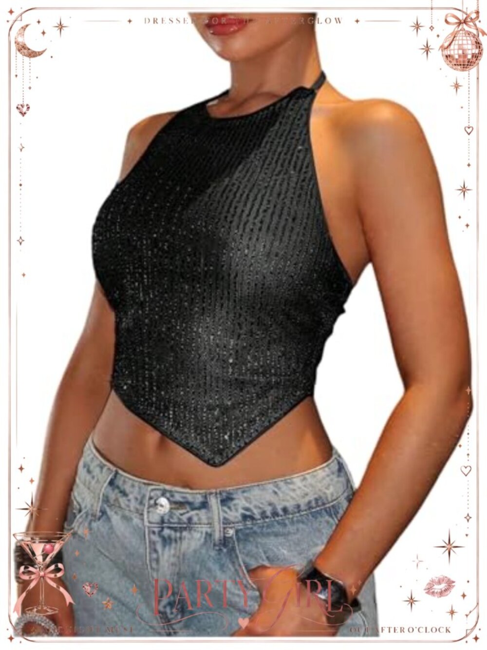Sequin Halter Crop Top Tie Open Back Sleeveless Party Y2K Glitter
